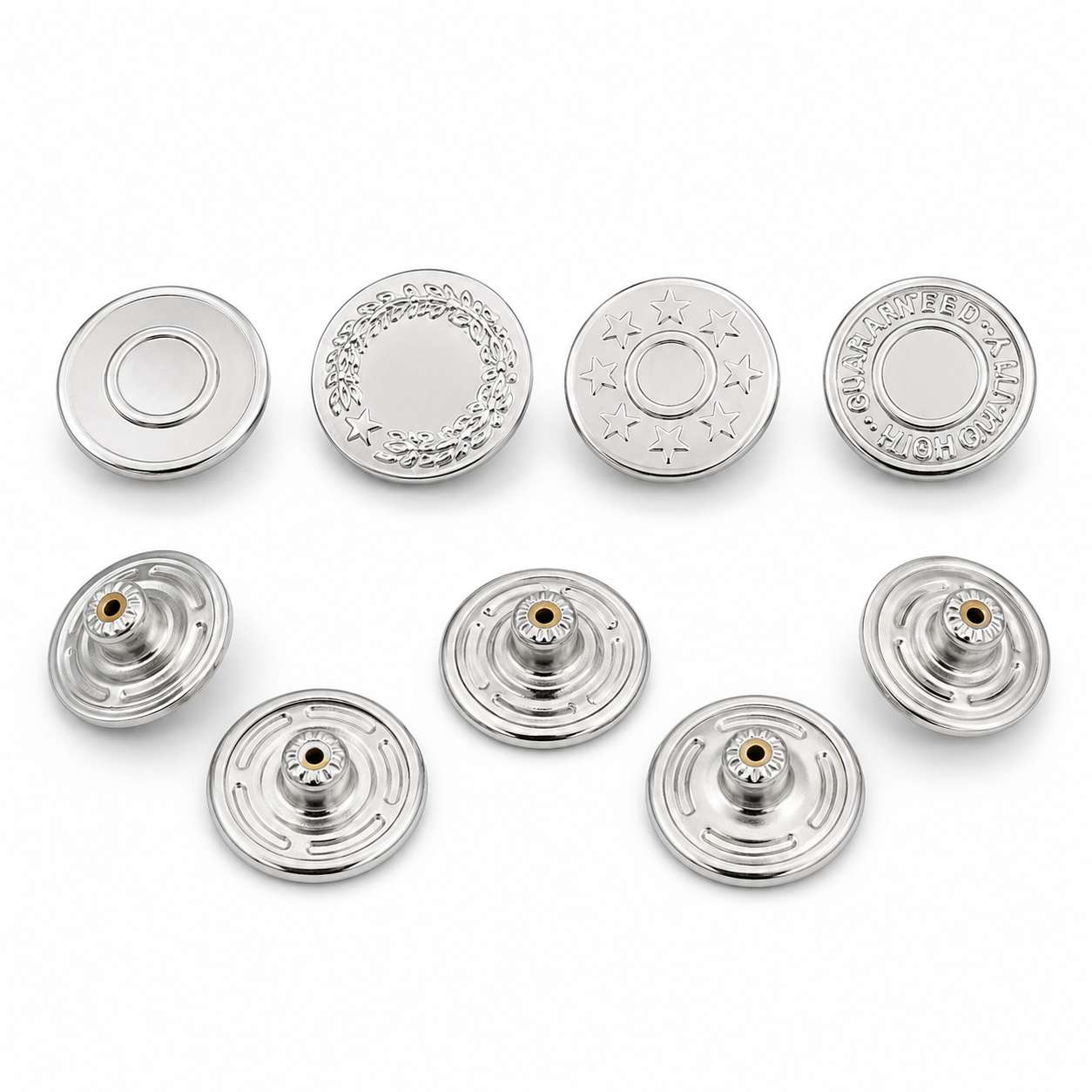 metal button for jeans, Metal button for jeans is displayed from the front and back with silver finishes and embossed decorative patterns.
